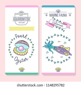 Postcards with sea creatures. Beautiful squid and shell with a pearl. Vector illustration.