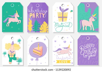 Postcards set for birthday party. Cartoon hand drawn unicorn. Vector illustration. Illustration can be used in the brochures, postcards, tickets, advertisements, banners, lables, covers.