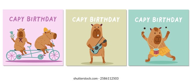 Postcards set, collection with capybaras cards for capy birthday, holiday. Handmade, hand drawn vector illustration.