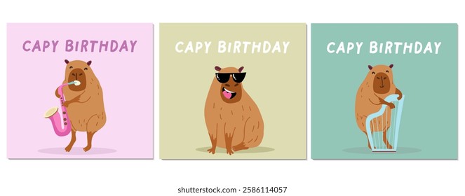 Postcards set, collection with capybaras cards for capy birthday, holiday. Handmade, hand drawn vector illustration.