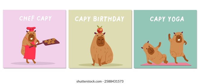 Postcards set, collection with capybaras cards for capy birthday, holiday.Capybara chef, bakes buns in the oven, bakery. Hand drawn vector illustration.