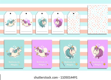 Postcards set with cute flying unicorns and his portrait. Cartoon hand drawn unicorn. Vector illustration.