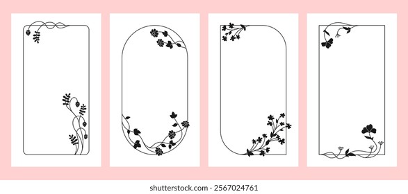 Postcards set with flower frame vintage template. Silhouette herbs, flowers, berries frame template background. Elegant banner, wedding card, poster invitation, cover modern illustration vector design