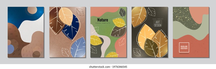 Postcards set. Geometric shapes, abstract leaves. Creative template for your cover design. Eco concept. Vector illustration.