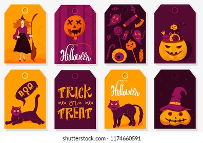 Postcards set for halloween  party. Compositions can be used in the brochures, postcards, tickets, advertisements, banners, labels, covers.  Vector Illustration. Trick or Treat Concept.