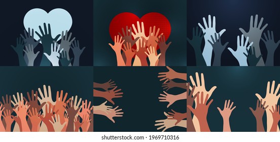Juego de postales. Palmas de manos y corazones. La gente levanta la mano, vota con las manos. El concepto de multinacionalidad, diversidad, unión. Voluntariado, caridad, donación y solidaridad. Vector 