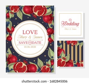 Postcards set with pomegranate and leaves. Design element for a wedding,  birthday, natural and eco cosmetics. Can be used for a poster, invitation , or note.
 Vector illustration. Printing on fabric