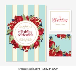 Postcards set with pomegranate and leaves. Design element for a wedding, birthday, natural and eco cosmetics. Can be used for a poster, invitation , or note.
 Vector illustration. Printing on fabric