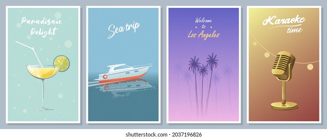 Postcards set travelling, party, club flyers. Vector illustration.