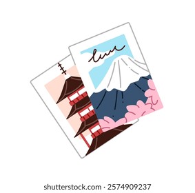 Postcards with sights of Japan icon. Traditional Japanese architecture, Fuji mountain on cards. Posters with pictures of oriental culture, Asian landmarks. Flat isolated vector illustration on white