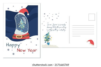 Postcards with a snow globe. Postcard on two sides