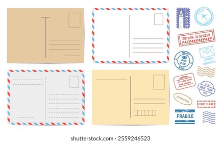 Postcards with stamps. Blank retro and modern cards design with different grunge style postage stamp. Departure arrival insignia, neoteric vector set