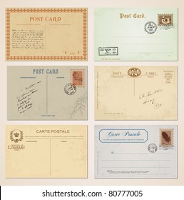 Postcards and stamps in vintage design. Set of 6.