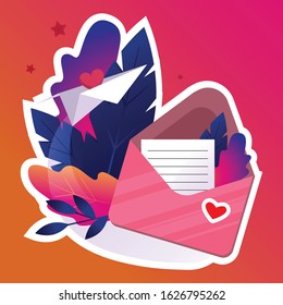 Postcards stickers for Valentine's Day. Vector illustration. Bright colours. Sealed and open envelopes with hearts.