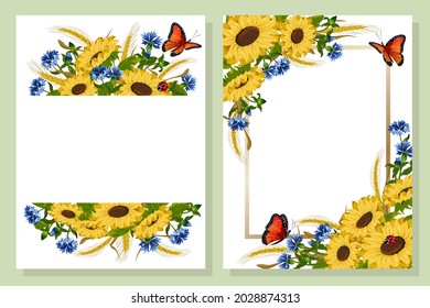 Postales con girasoles y flores de maíz.Conjunto de tarjetas vectoriales de color con girasoles, orejas, flores de maíz y mariposas.