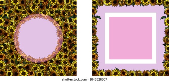 Postcards with sunflowers, white background, cartoon style, banner, poster, invitation, postcard, card, party, floral shop, empty space, text space advertising, signboard, birthday, greetings, pink