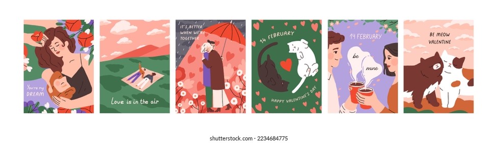 Postcards templates set for Saint Valentine's day. Romantic cards designs with love couples, cute sweet cats, lovers. Vertical backgrounds for St. 14 February holiday. Flat vector illustrations
