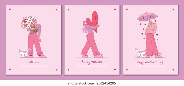 Postcards Templates Set for Valentine's Day. Features Romantic Female Characters Holding Heart, Flowers, Umbrella with Cats. Vertical Backgrounds. Hand Drawn Flat Vector Illustration.