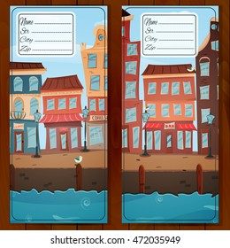 Postcards with town views. Address card. Handmade drawing isolated in vector. Postcard poster. Freehand drawing. City embankment view background