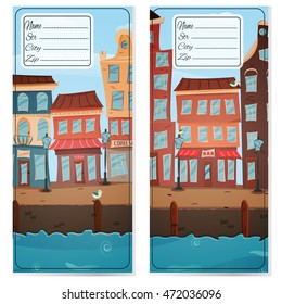 Postcards with town views. Address card. Handmade drawing isolated in vector. Postcard poster. Freehand drawing. City embankment view background