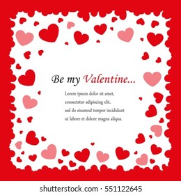 postcards Valentine's Day square background with red hearts and white space for text in the middle