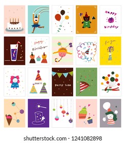 Postcards with various party illustrations