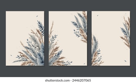 Postales con acuarela de pasto pintado, pasto de pampas secas en colores beige y azul Sin texto. Fondos para invitaciones de Boda en estilo rústico y boho. Vector