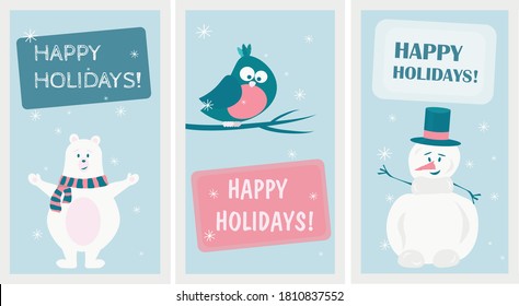 
postcards for the winter holidays with a bear  a snowman and a bullfinch bird