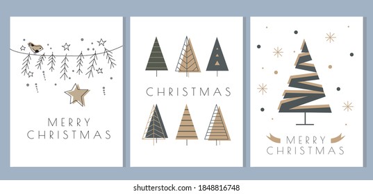  Postcards Winter Holidays.Merry Christmas and Happy New Year greeting cards set.Decorative vector illustration for winter invitations, cards, posters and flyers.