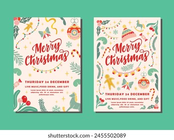 Postcards Winter Holidays.Merry Christmas and Happy New Year greeting cards set.Decorative vector illustration for winter invitations, cards, posters and flyers.