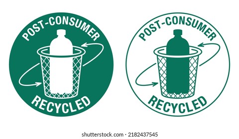 Post-consumer recycled material sticker - empty plastic packaging collected by local recycling programs - badge for labeling