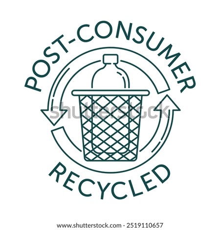 Post-consumer recycled material sticker - empty plastic packaging collected by local recycling programs - vector badge in thin line for labeling