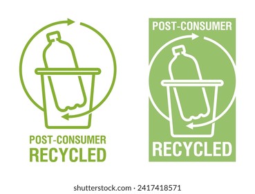 Post-consumer recycled material vector sticker - empty plastic packaging collected by local recycling programs - badge for labeling