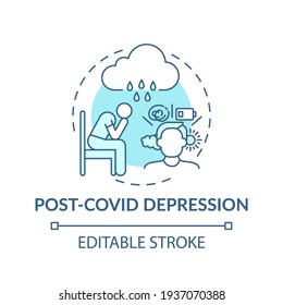 Post-covid depression concept icon. Mental health issue idea thin line illustration. Stress disorder. Influence of quarantine. Vector isolated outline RGB color drawing. Editable stroke