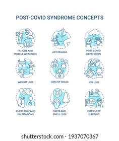 Post-covid syndrome concept icons set. Disease damage lungs, heart and brain idea thin line RGB color illustrations. Problems with health. Vector isolated outline drawings. Editable stroke