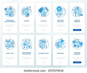 Post-covid syndrome onboarding mobile app page screen with concepts set. Reduced work hours walkthrough 5 steps graphic instructions. UI vector template with RGB color illustrations