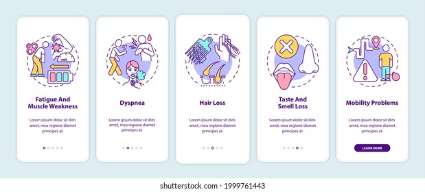 Post-covid syndrome onboarding mobile app page screen with concepts. Loss of smell and taste walkthrough 5 steps graphic instructions. UI vector template with RGB color illustrations