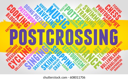 Postcrossing. Word cloud, multicolor font, yellow stripe, grey gradient background. Hobby.