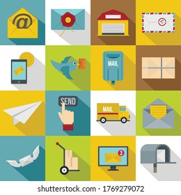 Poste service icons set. Flat illustration of 16 poste service vector icons for web