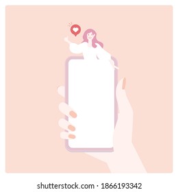Posted wie Konzept Flaches Design Vektorgrafik. Frau Hand, die Smartphone mit einem Benutzer oder Freund hält, und folgen Sie der Benachrichtigung Symbol Herz auf dem Bildschirm.