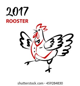 Poster of 2017 Chinese New Year of the Rooster.  Vector hand drawn color illustration rooster. Trendy red color freehand template for greeting , congratulations and invitations.