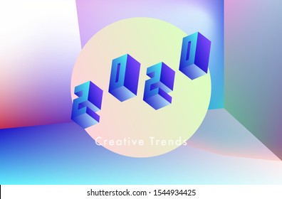 Poster for 2020 Creative Trends with 3D isometric digits and letters in holographic neon gradient colors. Rising trend of synthwave and vaporwave post-postmodern style.