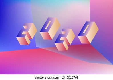 Poster for 2020 Creative Trends with 3D isometric digits and letters in holographic neon gradient colors. Rising trend of synthwave and vaporwave post-postmodern style.