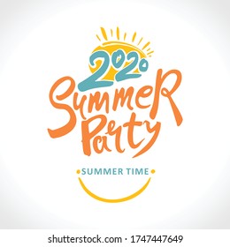 Poster 2020 Summer Party. Summer time. Smile.  Bright seasonal template. Vector illustration for season banner, label, poster, logo Summer.