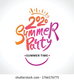 Poster. 2020 Summer Party. Summer time. Smile.  Bright seasonal template. Vector illustration for season banner, label, poster, logo Summer.