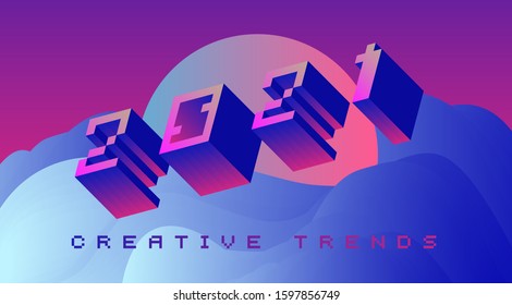 Poster for 2021 Creative Trends with 3D isometric digits in holographic neon gradient colors. Rising trend of synthwave and vaporwave post-postmodern style.