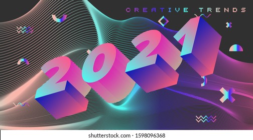 Poster for 2021 Creative Trends with 3D isometric digits in holographic neon gradient colors. Rising trend of synthwave and vaporwave post-postmodern style.