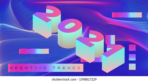 Poster for 2021 Creative Trends with 3D isometric digits in holographic neon gradient colors. Rising trend of synthwave and vaporwave post-postmodern style.