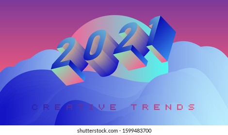 Poster for 2021 Creative Trends with 3D isometric digits in holographic neon gradient colors. Rising popularity of synthwave and vaporwave post-postmodern style.