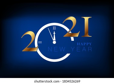 Poster 2021 Happy New Year, template. Creative design of gold number and white clock, which counts down to five minutes at midnight. Blue background, Christmas. Design for calendar cards or printing